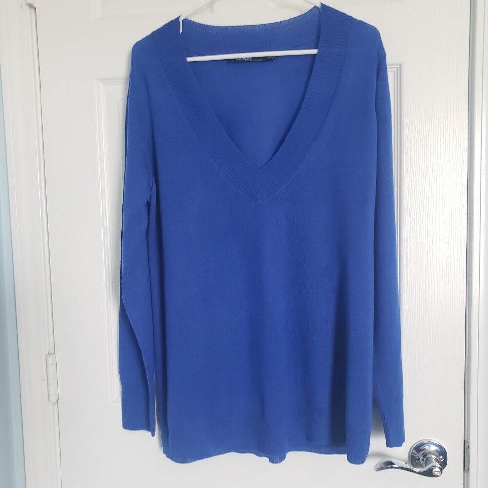 Eloquii Deep V Pullover Tunic Thin Sweater Size XL 14/16 Blue Wool Blend Coastal